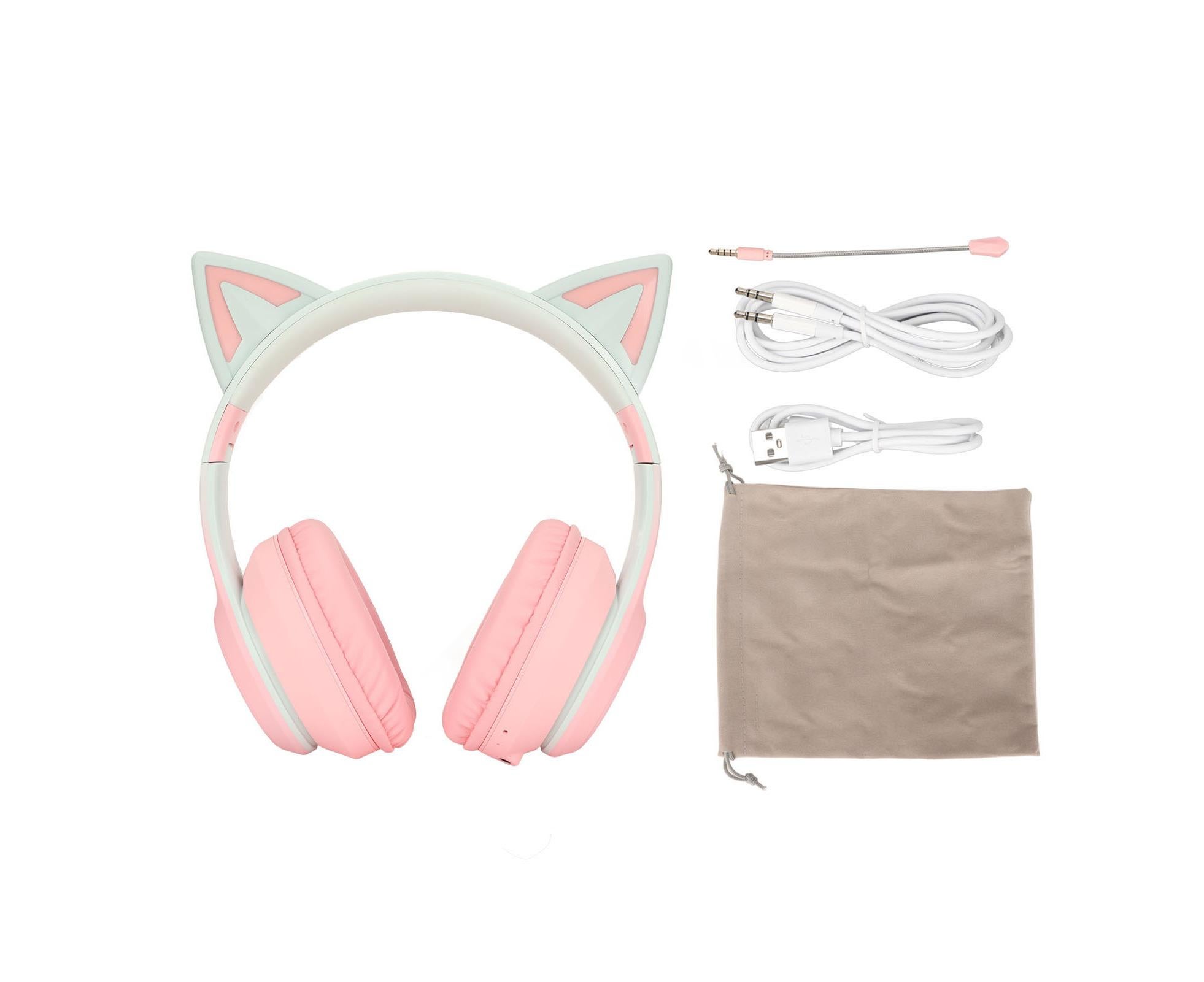 Cat Ear Bluetooth Gaming Headphones Wireless Foldable Music Headset with LED Light Detachable Microphone 3.5mm Cable Pink - Image 7