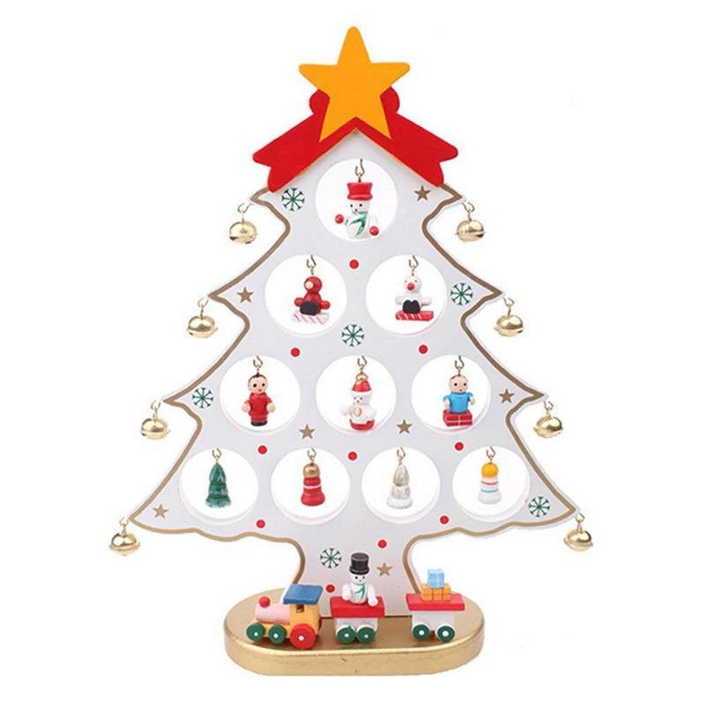 Funny Desktop Wooden Christmas Tree Decor Set with 10 Mini Ornaments - White - Image 1