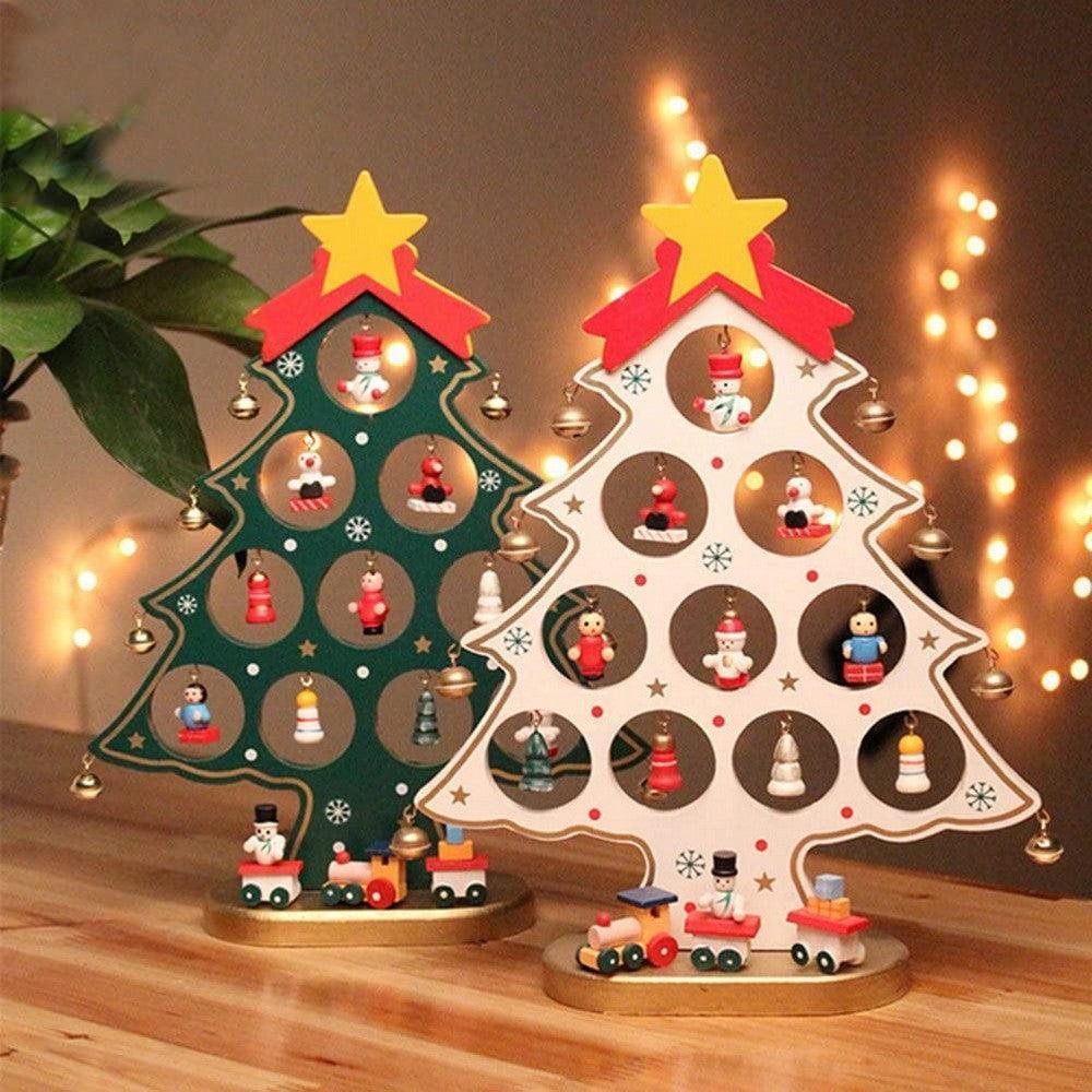 Funny Desktop Wooden Christmas Tree Decor Set with 10 Mini Ornaments - White - Image 2