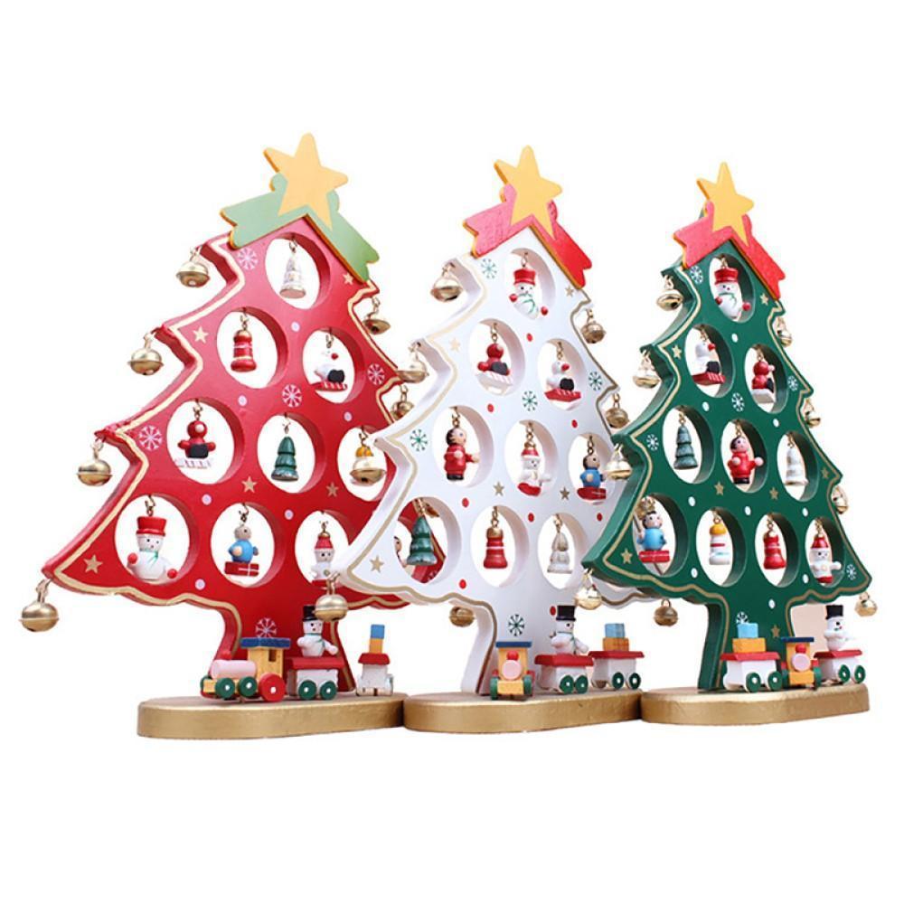 Funny Desktop Wooden Christmas Tree Decor Set with 10 Mini Ornaments - White - Image 5