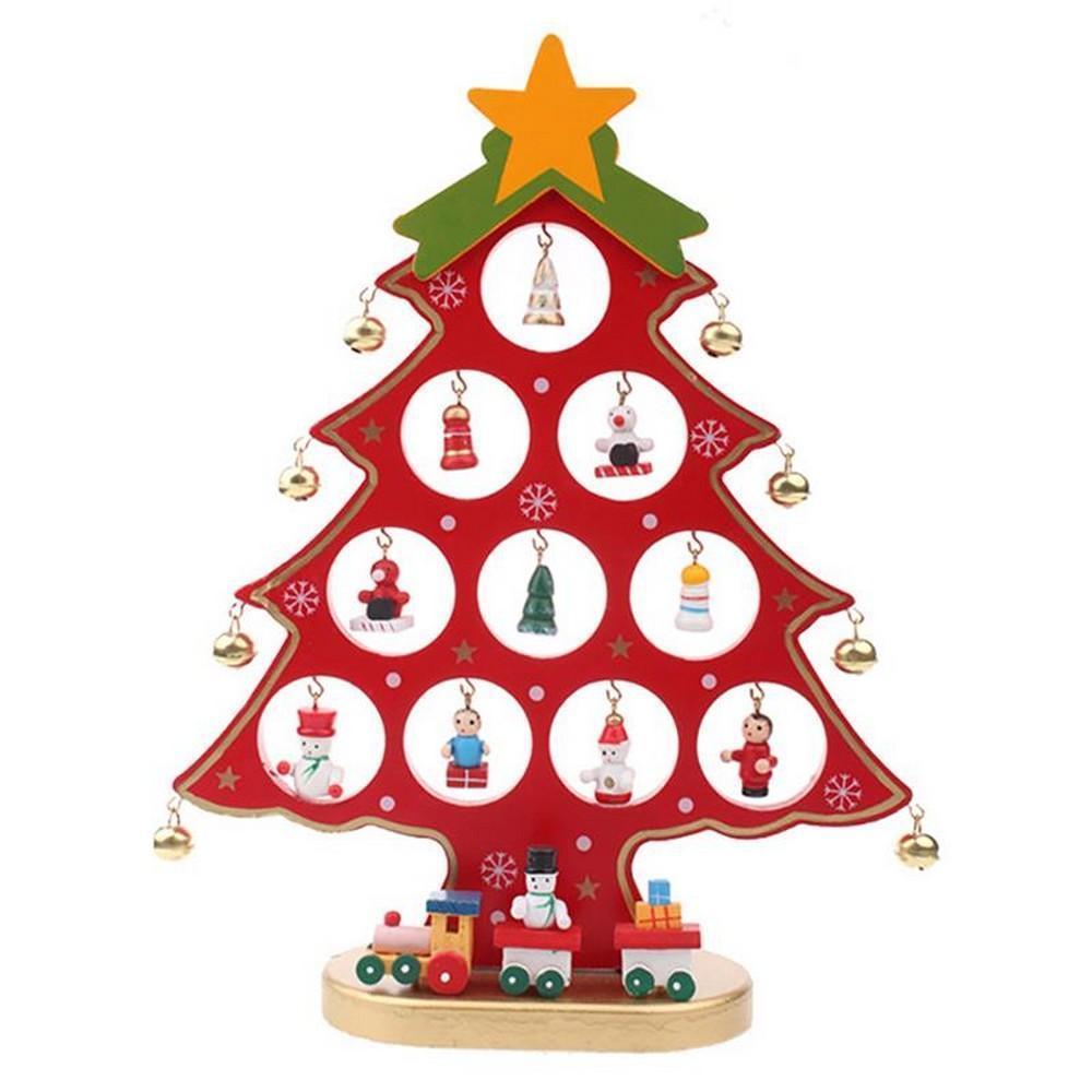 Funny Desktop Wooden Christmas Tree Decor Set with 10 Mini Ornaments - Red - Image 1