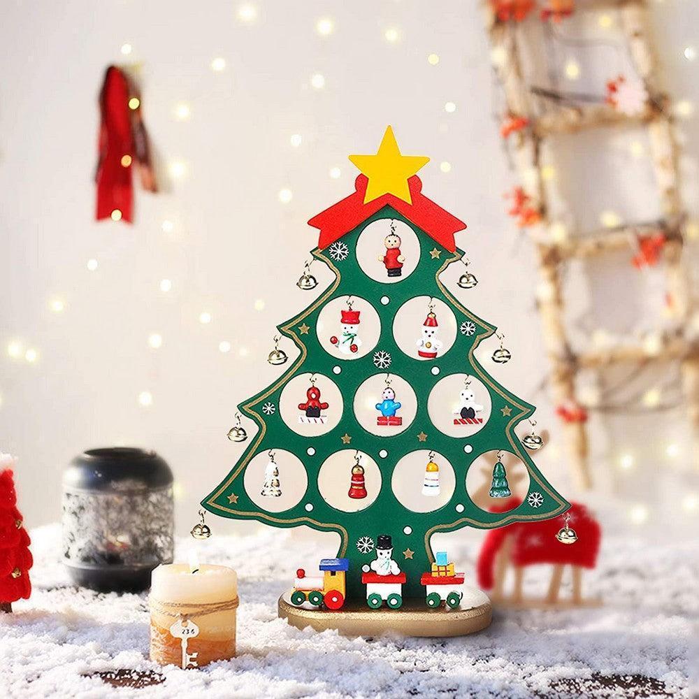 Funny Desktop Wooden Christmas Tree Decor Set with 10 Mini Ornaments - Red - Image 3
