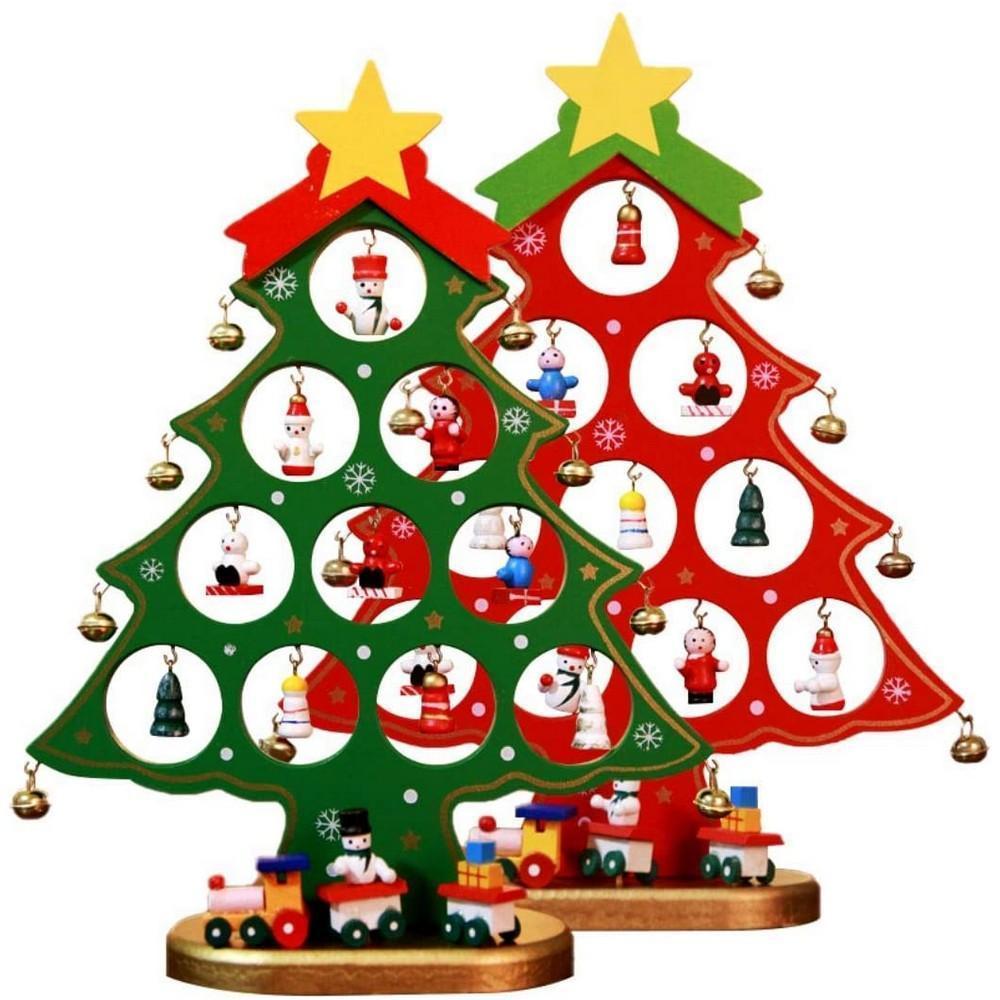 Funny Desktop Wooden Christmas Tree Decor Set with 10 Mini Ornaments - Red - Image 4