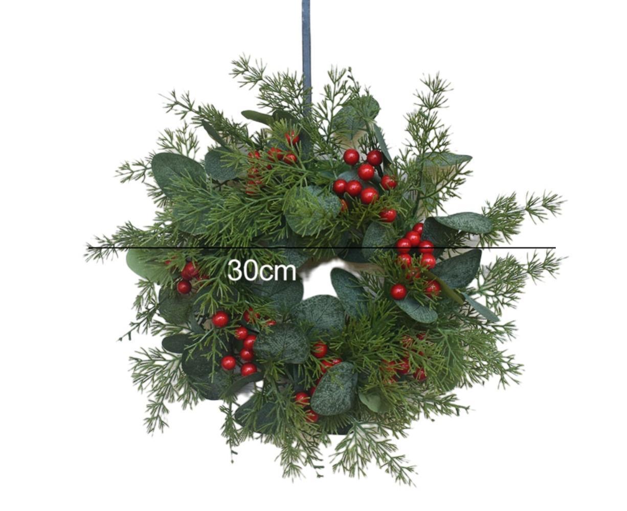 Artificial Christmas Wreath for Front Door Xmas Red Berry Wreath with Pine Needles Cones Winter Eucalyptus Wreath Christmas Decorations - 30CM - Image 2
