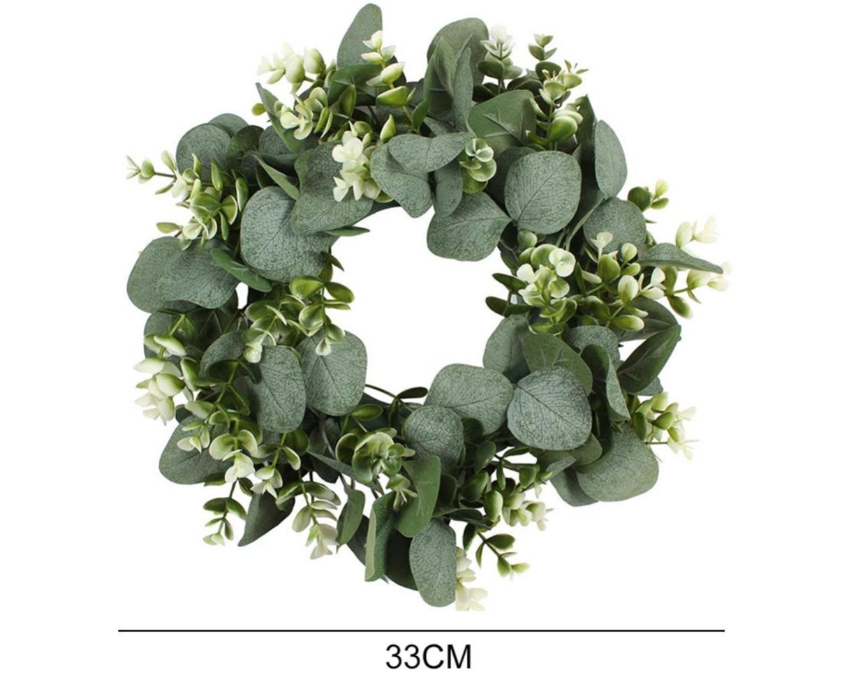 Artificial Eucalyptus Wreath for Front Door, Spring Summer Green Leaf Wreath for Farmhouse Wall Wedding Decor - Green - 33CM - Image 2