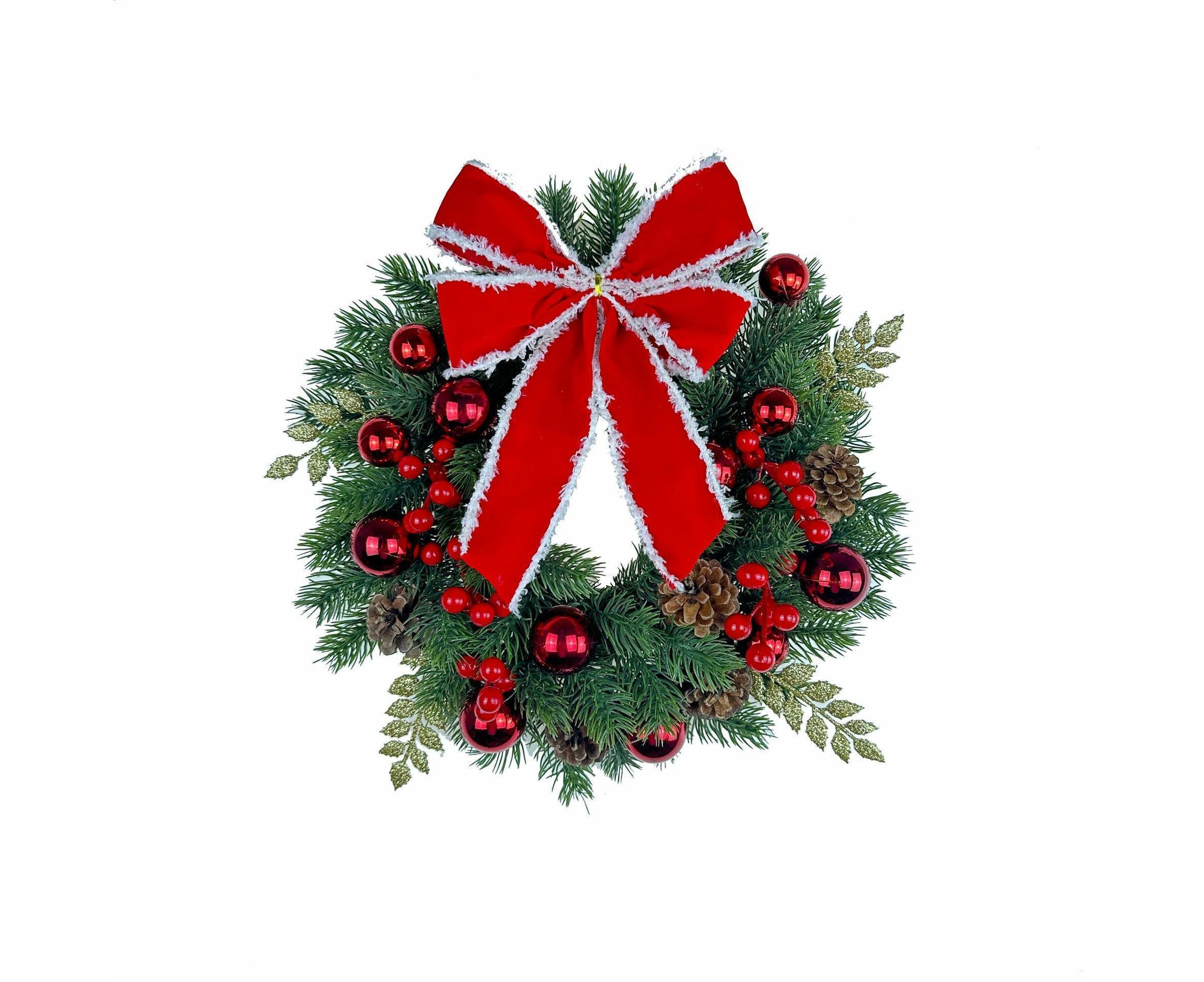 Christmas Decoration Wreath for Front Door, Wall Hanging Snowball Red Berry Pine Cone Garland Ornament for Xmas Party Indoors - 33cm - Image 1