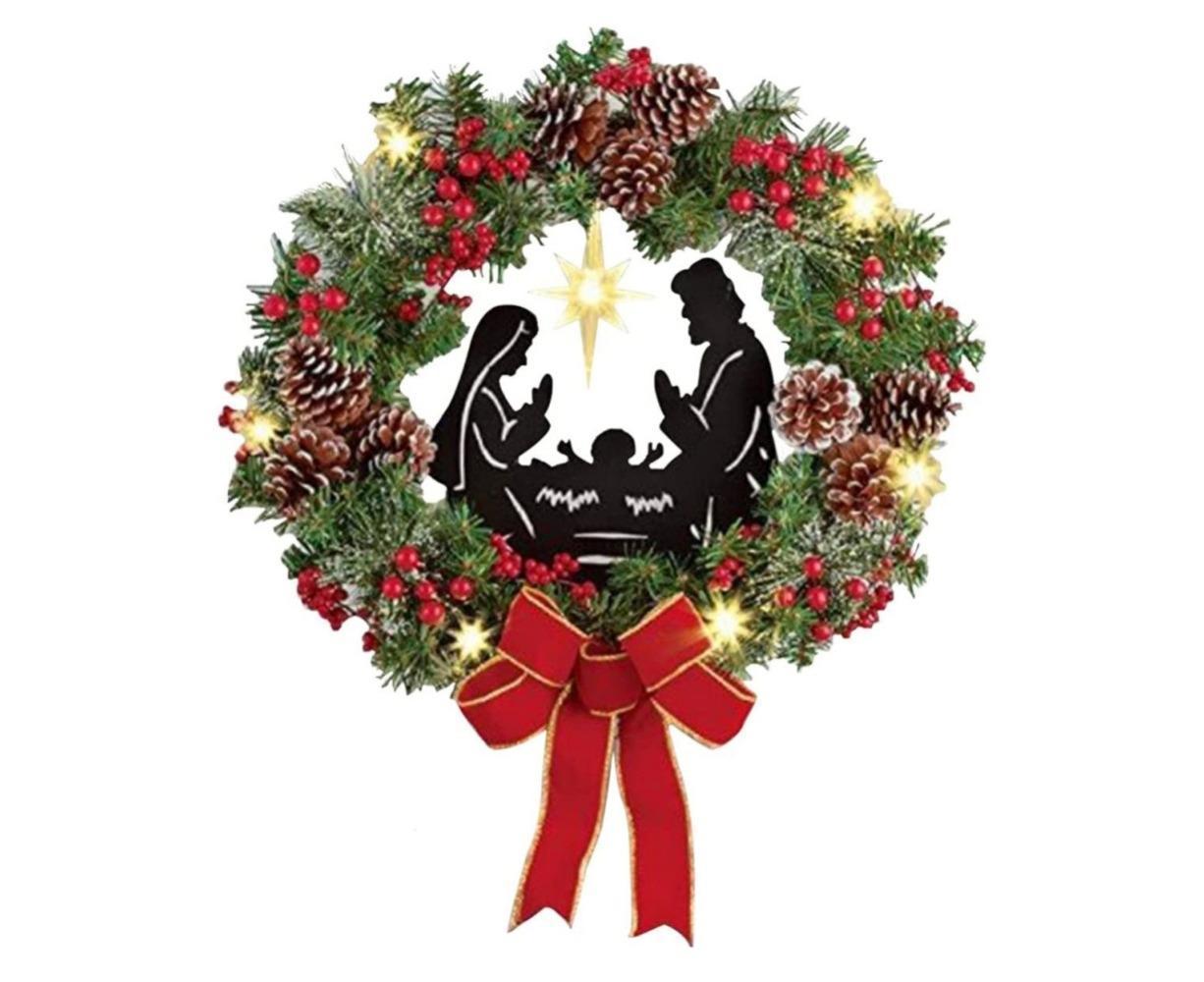Christmas Wreath Christmas Ornament Decoration Holy Family Set Led Lights Candle Front Door Wall Christmas Hanging Sign Sacred - Red - 35*35*4cm - Image 1