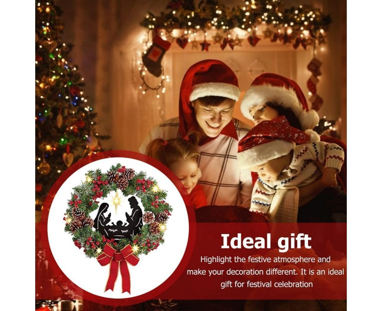 Christmas Wreath Christmas Ornament Decoration Holy Family Set Led Lights Candle Front Door Wall Christmas Hanging Sign Sacred - Red - 35*35*4cm - Image 2