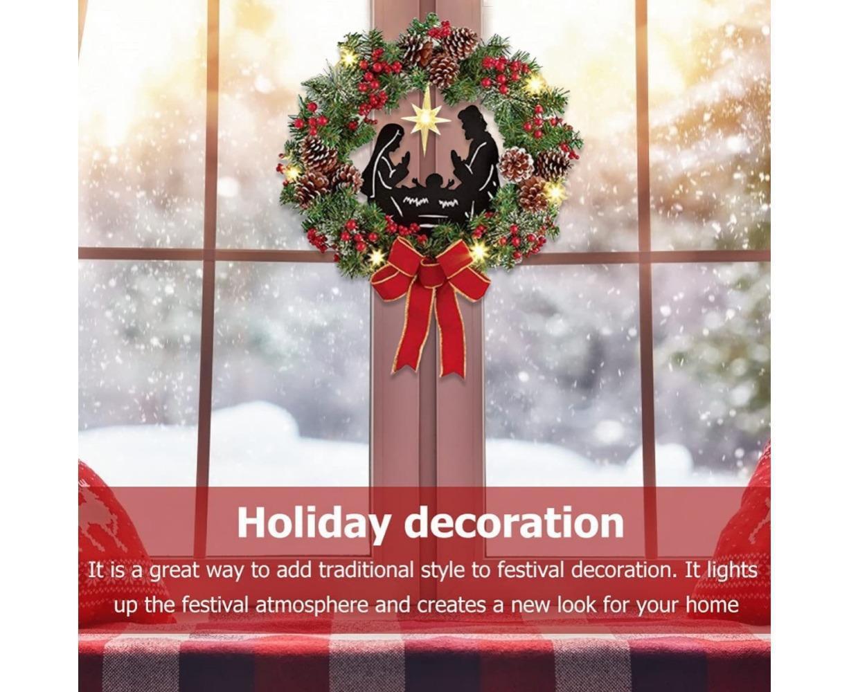 Christmas Wreath Christmas Ornament Decoration Holy Family Set Led Lights Candle Front Door Wall Christmas Hanging Sign Sacred - Red - 35*35*4cm - Image 3