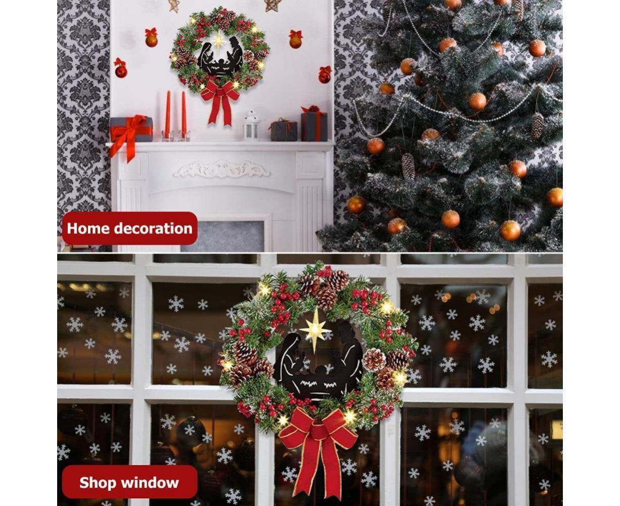 Christmas Wreath Christmas Ornament Decoration Holy Family Set Led Lights Candle Front Door Wall Christmas Hanging Sign Sacred - Red - 35*35*4cm - Image 4