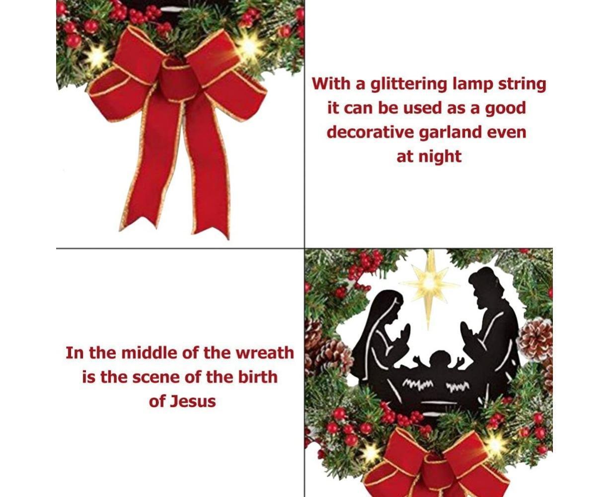 Christmas Wreath Christmas Ornament Decoration Holy Family Set Led Lights Candle Front Door Wall Christmas Hanging Sign Sacred - Red - 35*35*4cm - Image 5