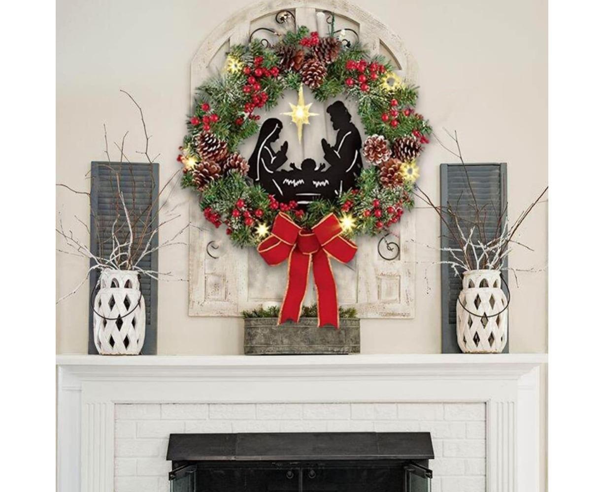 Christmas Wreath Christmas Ornament Decoration Holy Family Set Led Lights Candle Front Door Wall Christmas Hanging Sign Sacred - Red - 35*35*4cm - Image 6