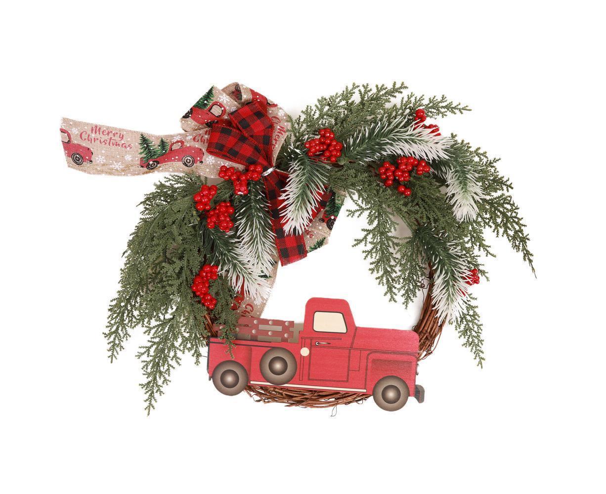 Christmas Wreath Front Door Wreath Decoration Red Truck Wreath Fall Farmhouse Wreath Indoor Outdoor, Artificial Wreath Welcome Wreath Retro Plaid Bow-Knot - Image 1