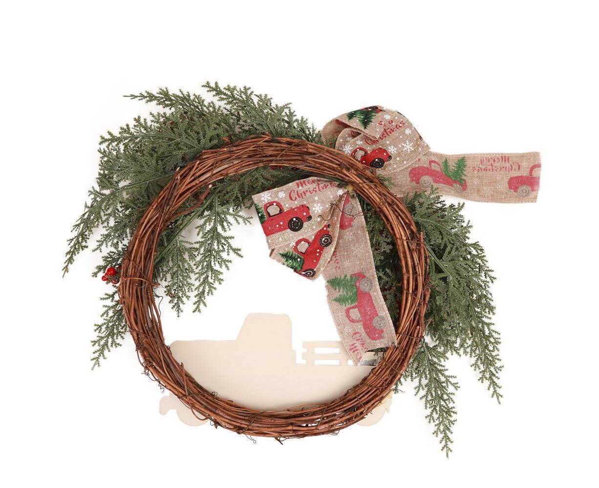 Christmas Wreath Front Door Wreath Decoration Red Truck Wreath Fall Farmhouse Wreath Indoor Outdoor, Artificial Wreath Welcome Wreath Retro Plaid Bow-Knot - Image 2