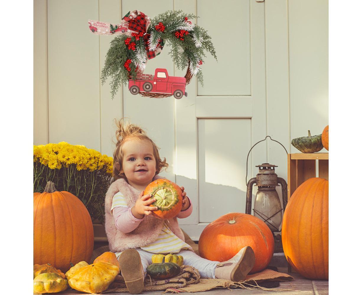 Christmas Wreath Front Door Wreath Decoration Red Truck Wreath Fall Farmhouse Wreath Indoor Outdoor, Artificial Wreath Welcome Wreath Retro Plaid Bow-Knot - Image 4