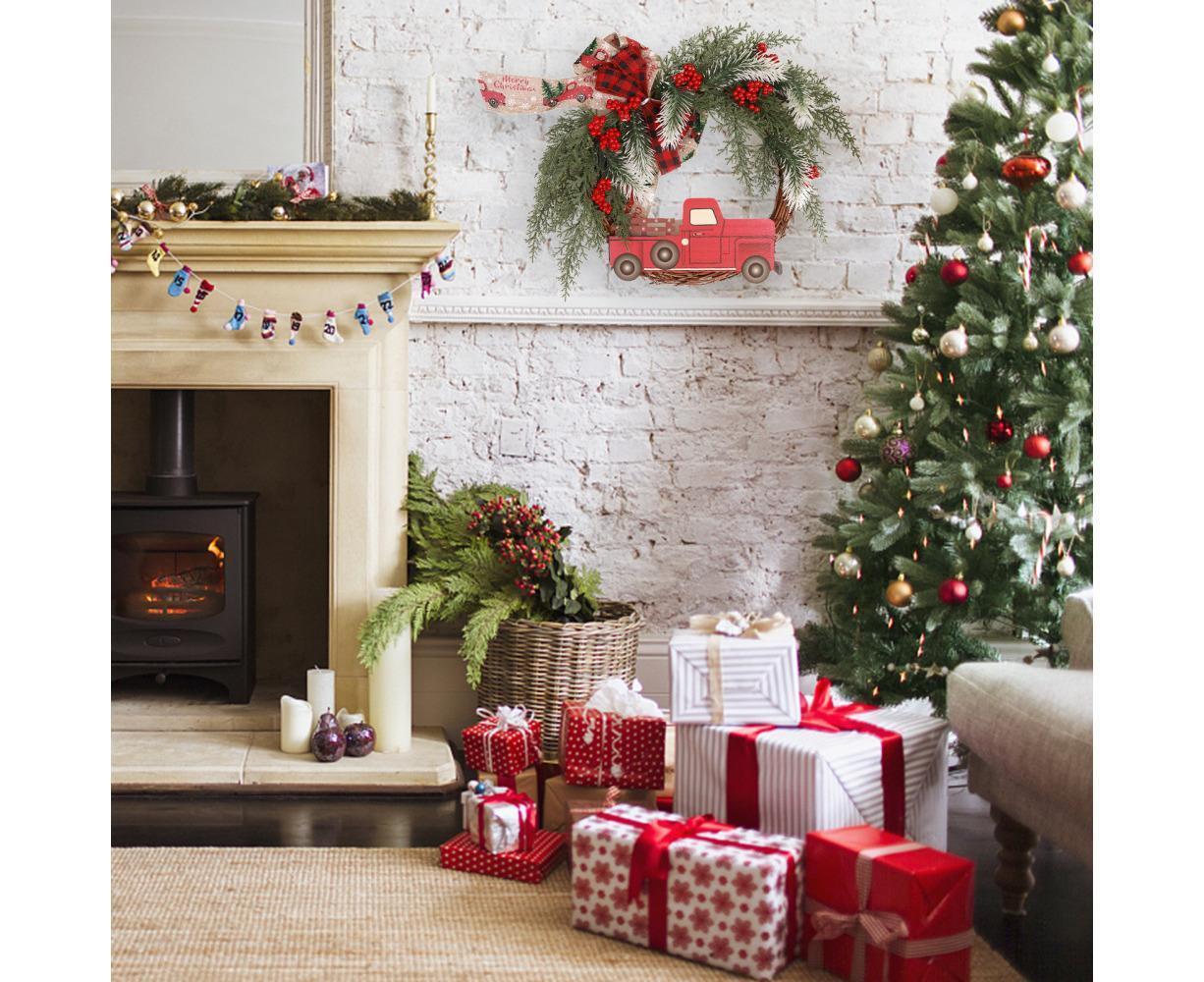 Christmas Wreath Front Door Wreath Decoration Red Truck Wreath Fall Farmhouse Wreath Indoor Outdoor, Artificial Wreath Welcome Wreath Retro Plaid Bow-Knot - Image 5