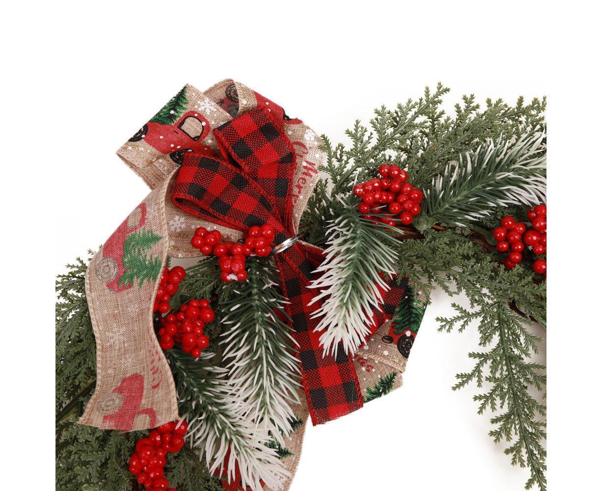 Christmas Wreath Front Door Wreath Decoration Red Truck Wreath Fall Farmhouse Wreath Indoor Outdoor, Artificial Wreath Welcome Wreath Retro Plaid Bow-Knot - Image 8
