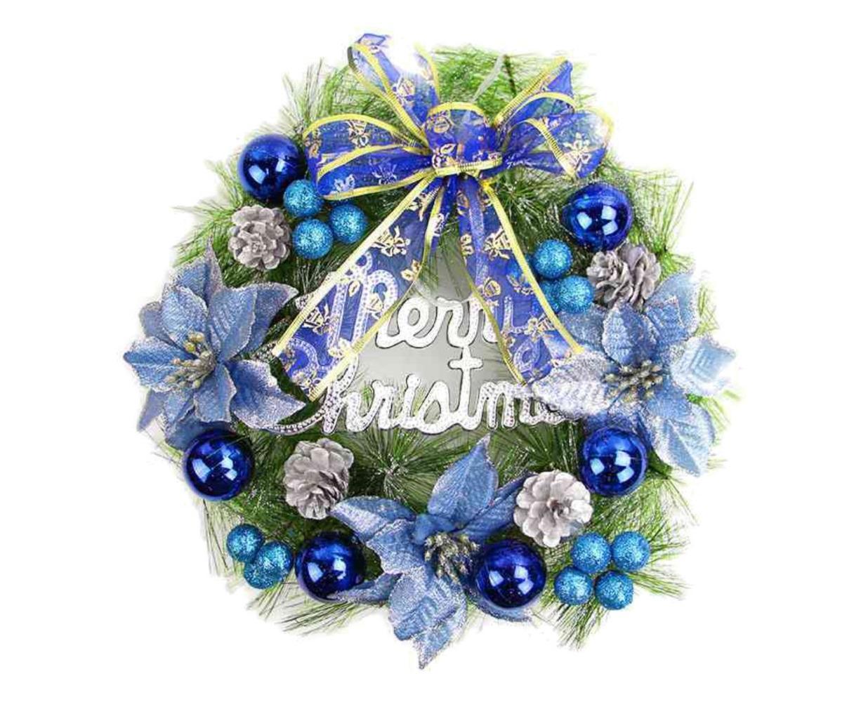 Christmas Wreath Merry Christmas Front Door Ornament Wall Artificial Pine Garland for Party Decor - blue - 30cm - Image 1