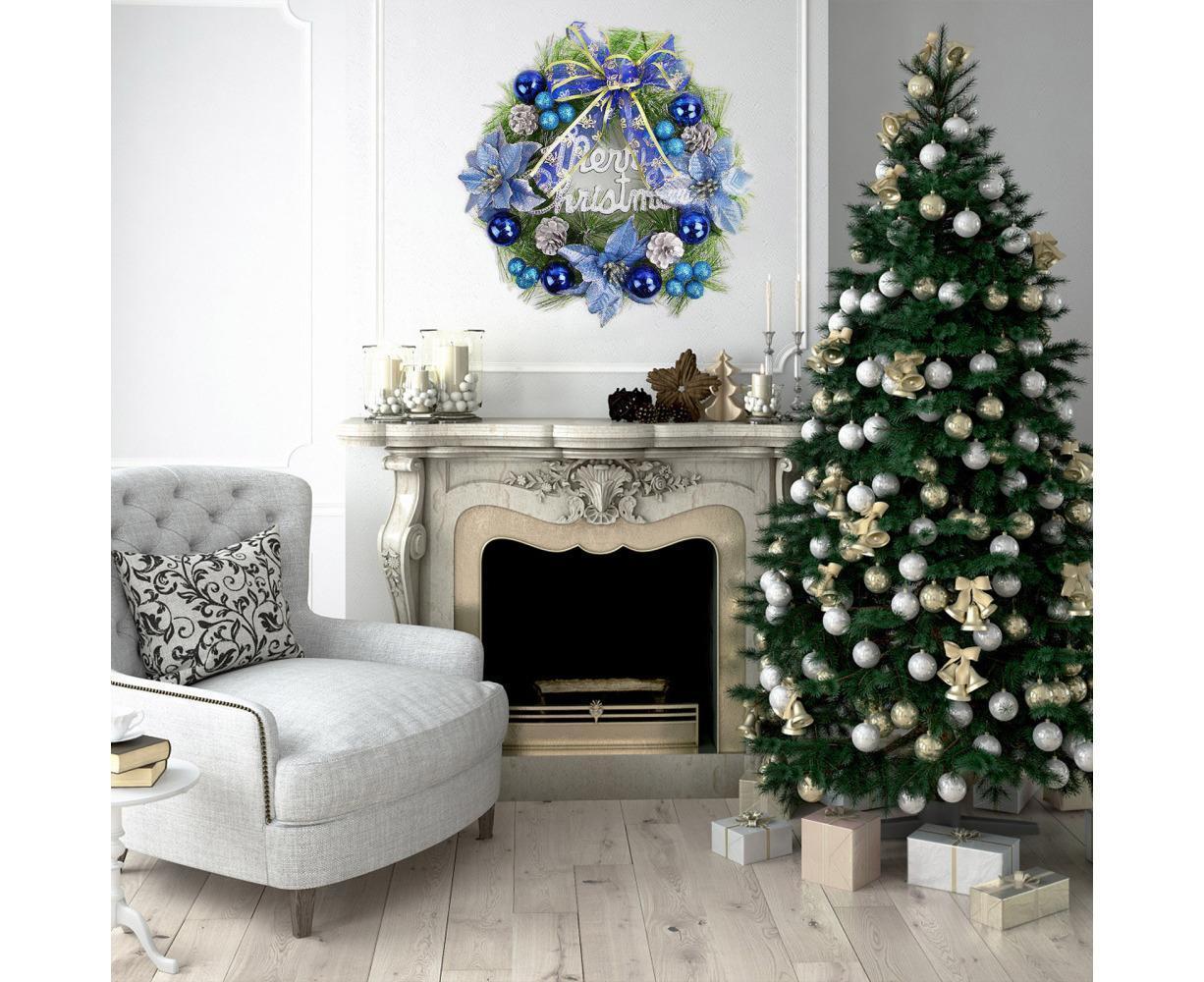 Christmas Wreath Merry Christmas Front Door Ornament Wall Artificial Pine Garland for Party Decor - blue - 30cm - Image 2