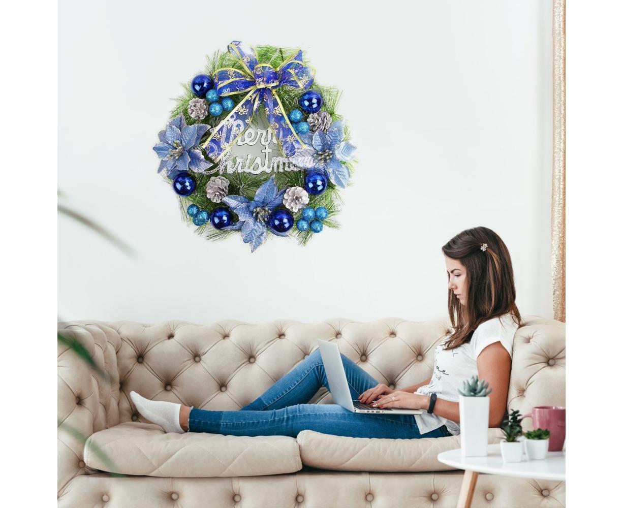 Christmas Wreath Merry Christmas Front Door Ornament Wall Artificial Pine Garland for Party Decor - blue - 30cm - Image 4