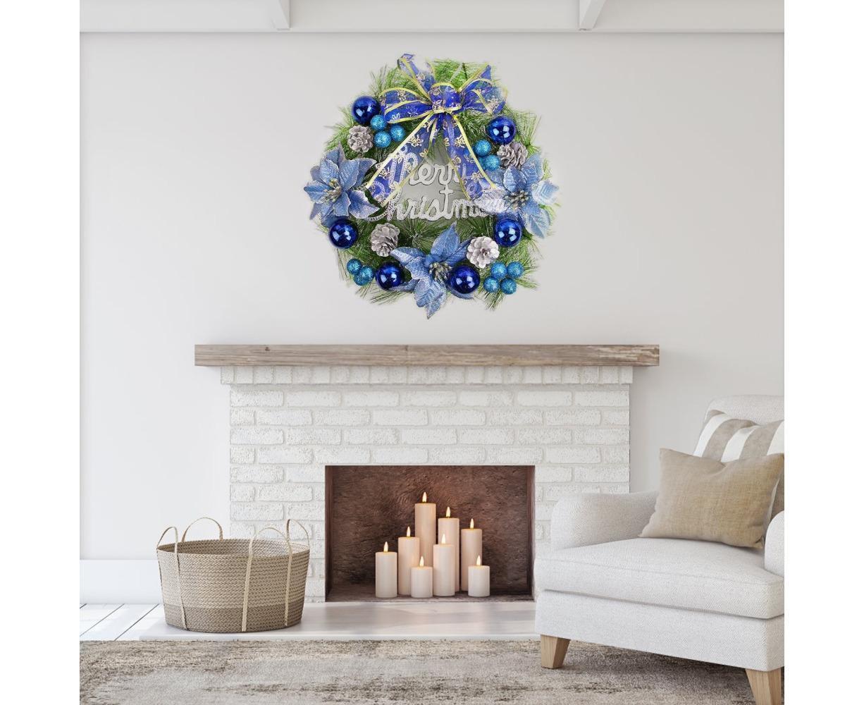 Christmas Wreath Merry Christmas Front Door Ornament Wall Artificial Pine Garland for Party Decor - blue - 30cm - Image 5