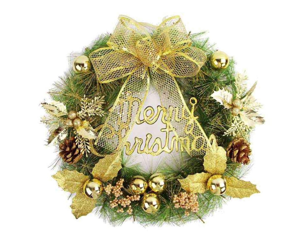 Christmas Wreath Merry Christmas Front Door Ornament Wall Artificial Pine Garland for Party Decor - gold - 30cm - Image 1