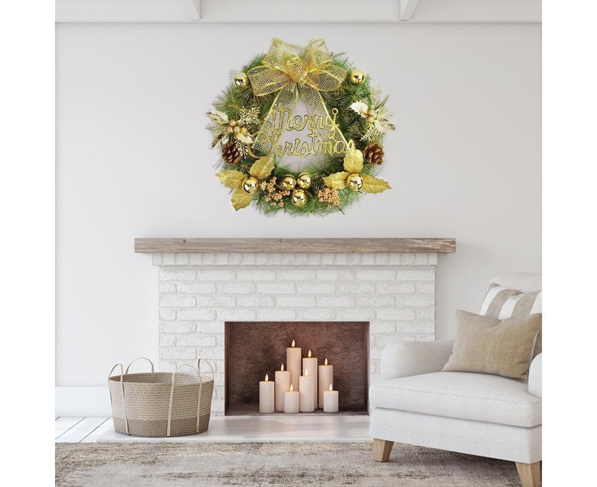 Christmas Wreath Merry Christmas Front Door Ornament Wall Artificial Pine Garland for Party Decor - gold - 30cm - Image 3