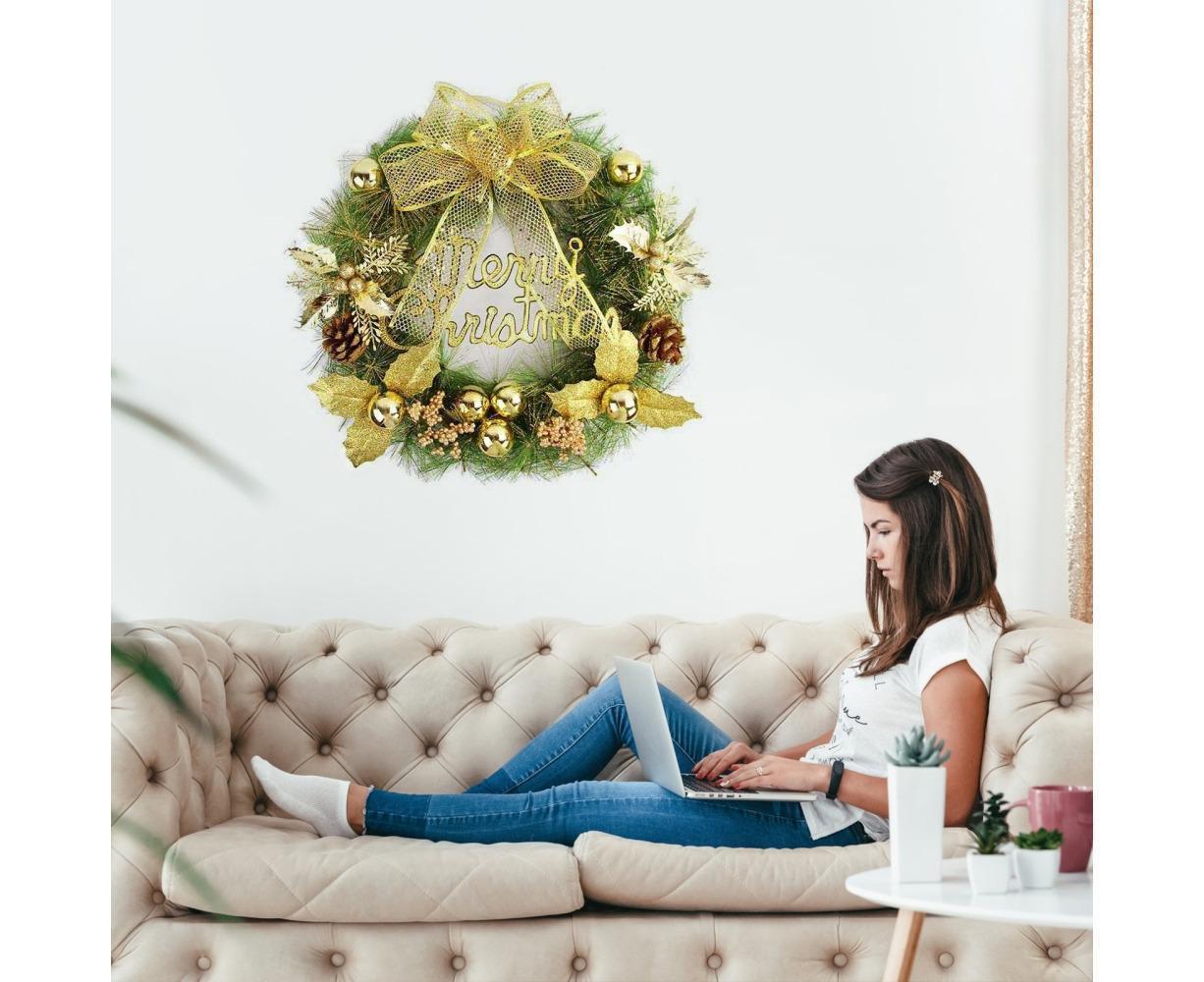 Christmas Wreath Merry Christmas Front Door Ornament Wall Artificial Pine Garland for Party Decor - gold - 30cm - Image 4
