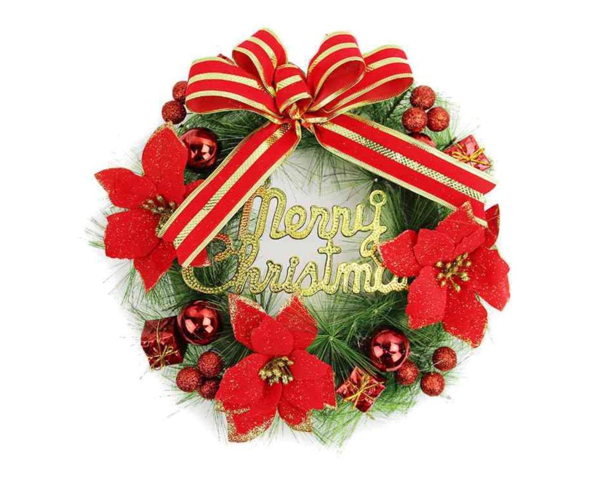 Christmas Wreath Merry Christmas Front Door Ornament Wall Artificial Pine Garland for Party Decor - red - 30cm - Image 1