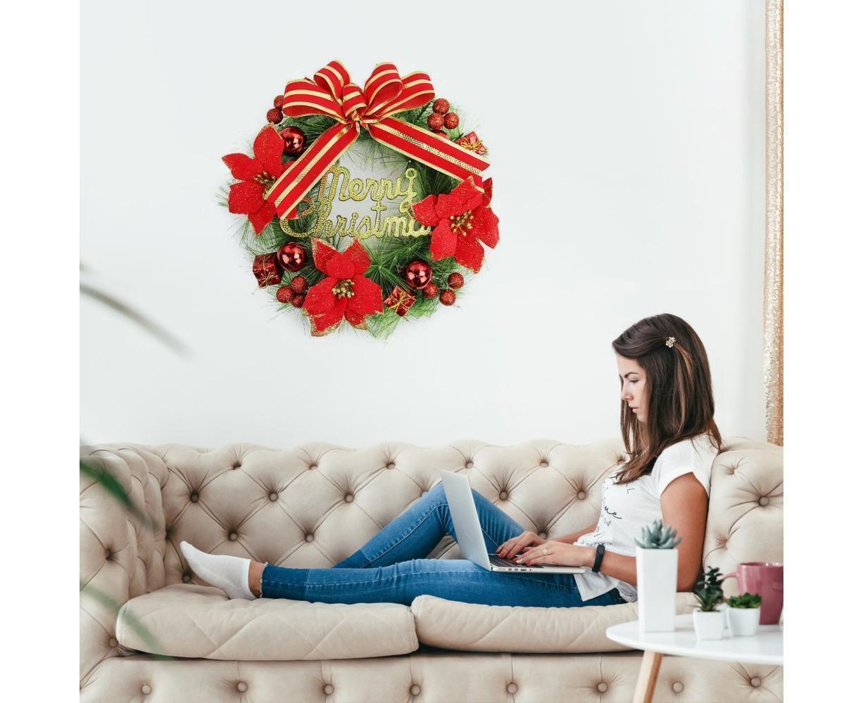 Christmas Wreath Merry Christmas Front Door Ornament Wall Artificial Pine Garland for Party Decor - red - 30cm - Image 2