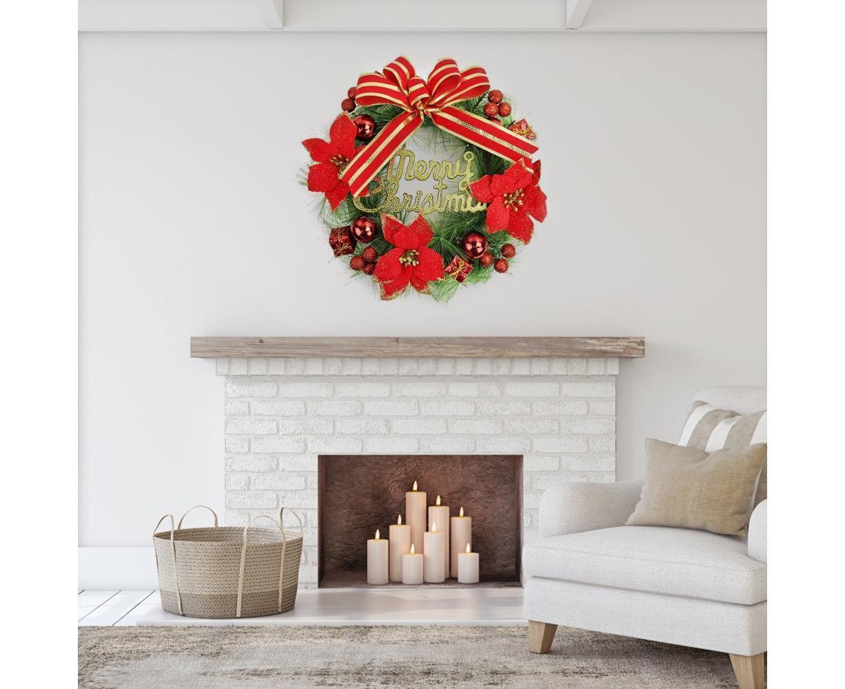 Christmas Wreath Merry Christmas Front Door Ornament Wall Artificial Pine Garland for Party Decor - red - 30cm - Image 3