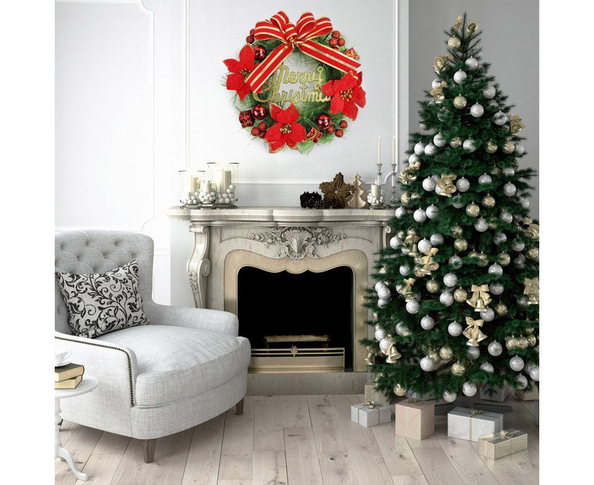 Christmas Wreath Merry Christmas Front Door Ornament Wall Artificial Pine Garland for Party Decor - red - 30cm - Image 6
