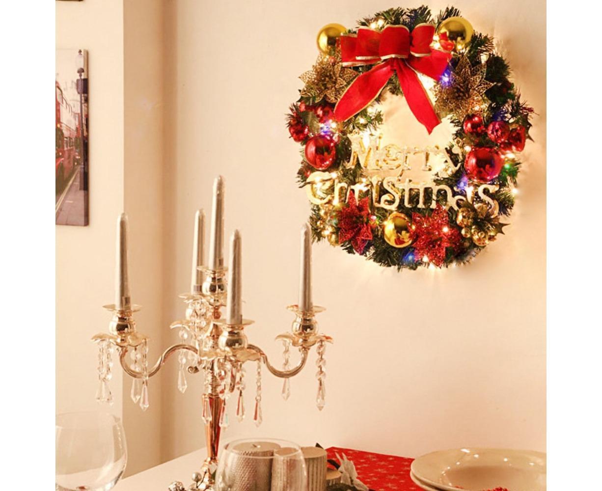 Christmas Wreath Merry Christmas Front Door Ornament Wall Artificial Pine Garland for Party Decor - red - 30cm - Image 2