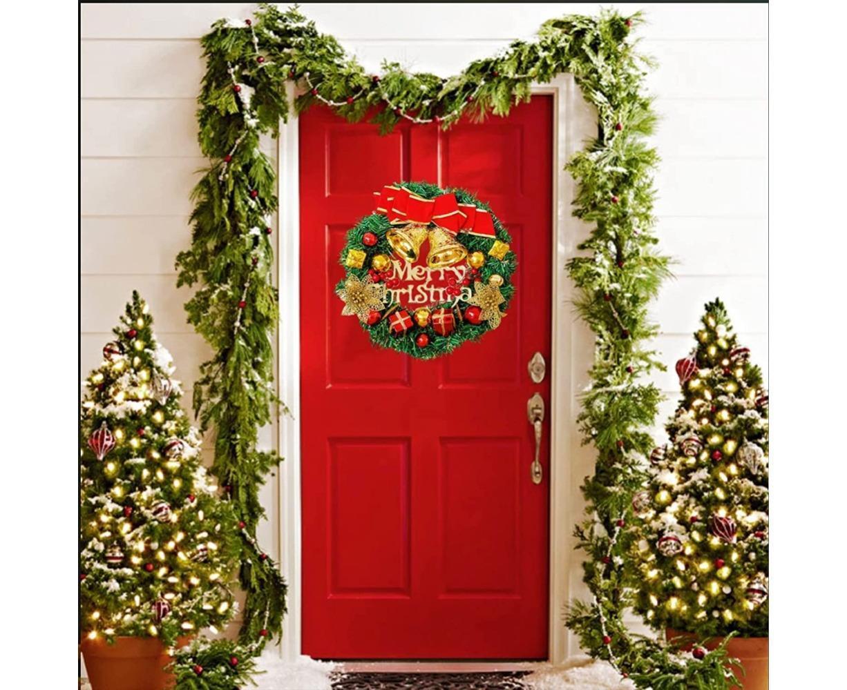Christmas Wreath Merry Christmas Front Door Ornament Wall Artificial Pine Garland for Party Decor - red - 30cm - Image 3