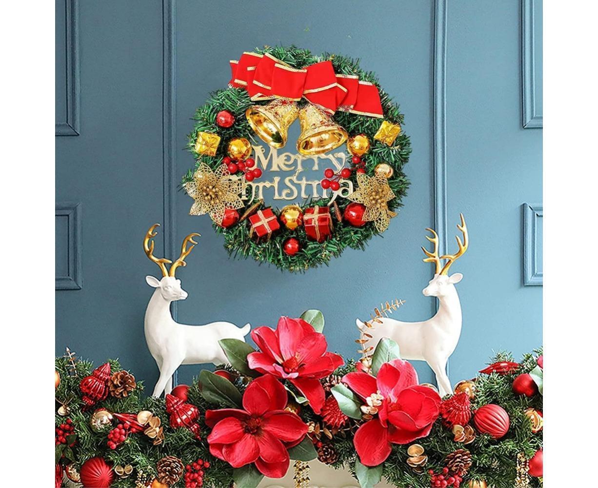 Christmas Wreath Merry Christmas Front Door Ornament Wall Artificial Pine Garland for Party Decor - red - 30cm - Image 5