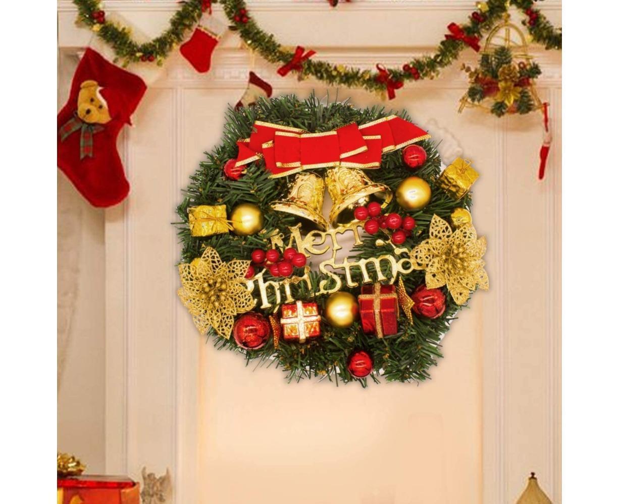 Christmas Wreath Merry Christmas Front Door Ornament Wall Artificial Pine Garland for Party Decor - red - 30cm - Image 2
