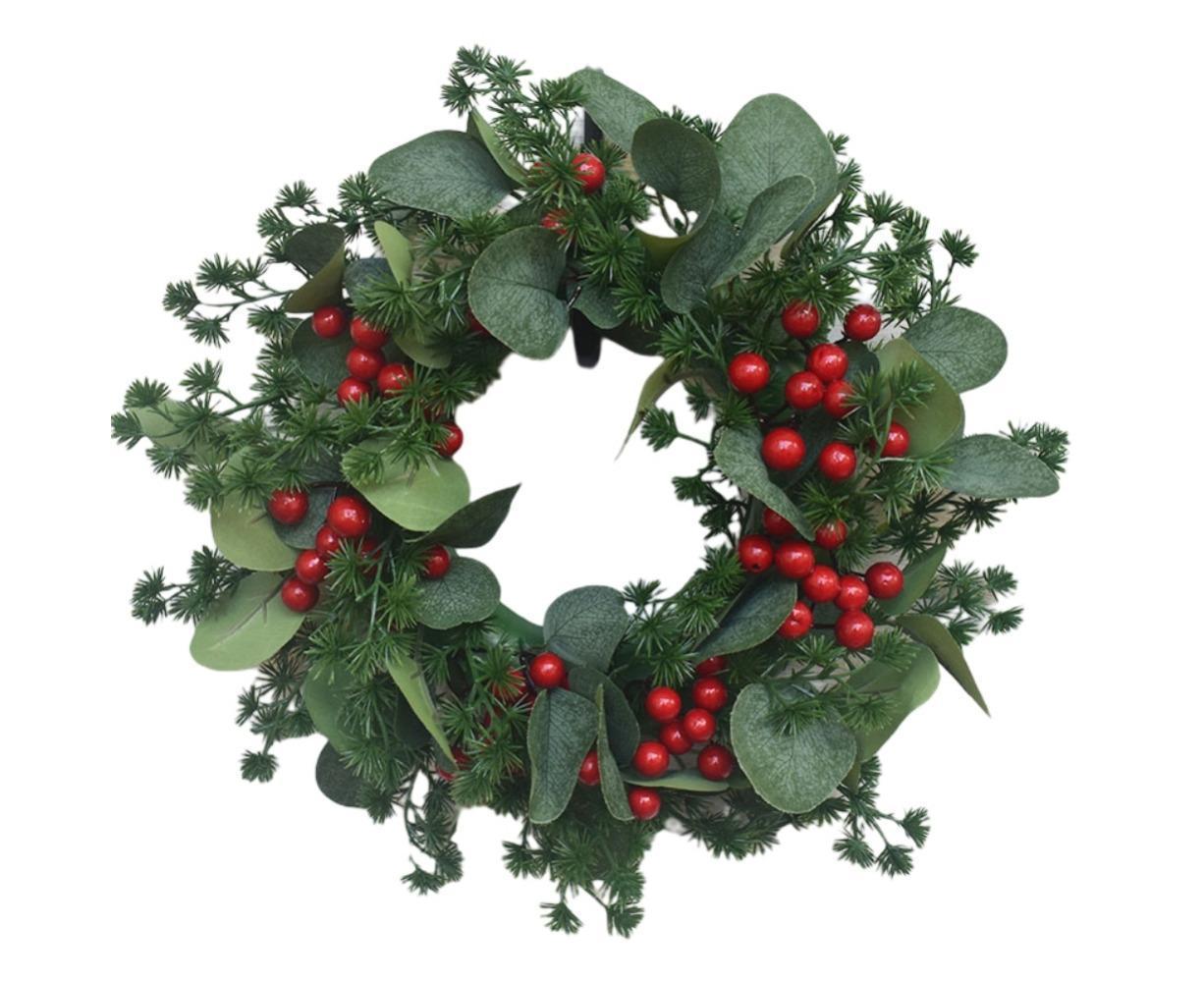 Christmas Wreath Winter Wreath with Red Jingle Bells and Berries Door Wreath with Artificial Snow Christmas Decorations with Pine Branches - 30CM - Image 1