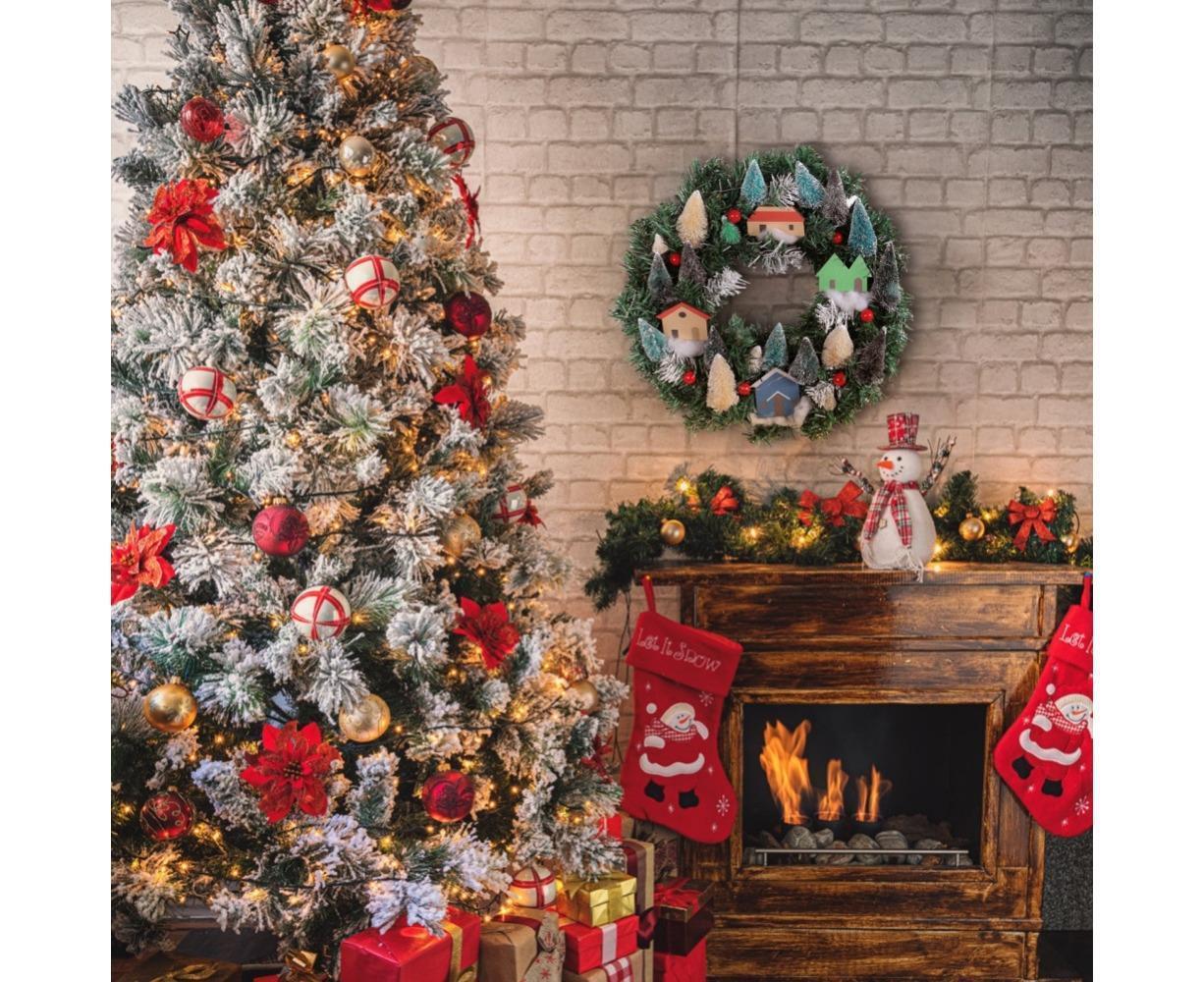 Christmas Wreath, Green, Crestwood Spruce, White Lights, Decorated with Pine Cones, Berry Clusters, Frosted Branches, Christmas Collection - 35CM - Image 6