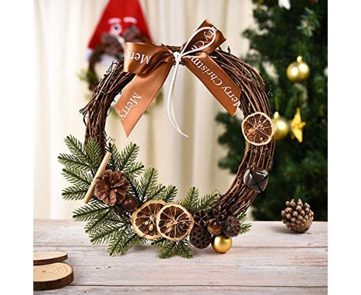 Farmhouse Wreath Boho Wreath, Artificial Pine & Golden Bell Wreath, Tree Hanging Garland Holiday Wreath - Image 1
