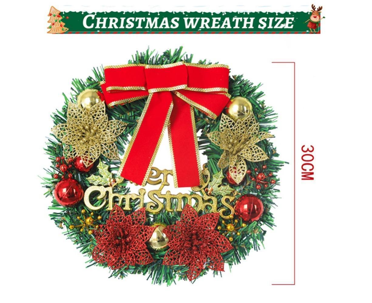 Merry Christmas Wreath 12 Inch Christmas Decorations Front Door Wreath Ornament Wall Artificial Pine Garland, with Bowknot, Bells, Red Berries - 30CM - Image 2