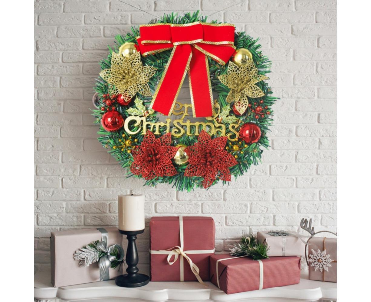 Merry Christmas Wreath 12 Inch Christmas Decorations Front Door Wreath Ornament Wall Artificial Pine Garland, with Bowknot, Bells, Red Berries - 30CM - Image 3