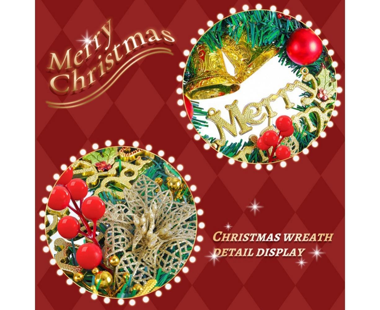Merry Christmas Wreath 12 Inch Christmas Decorations Front Door Wreath Ornament Wall Artificial Pine Garland, with Bowknot, Bells, Red Berries - 30CM - Image 4