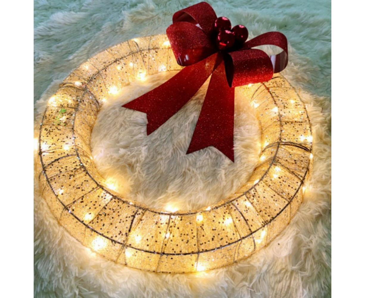 Outdoor Christmas Wreath Decoration, LED Metal Holiday Decor for Home Exterior, Garden - Gold 50CM - Image 3