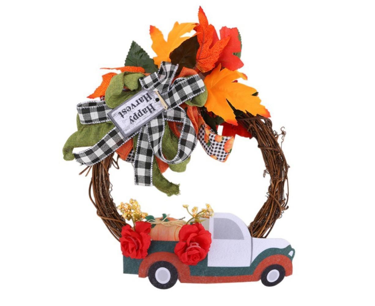 Red Truck Christmas Wreath Fall Eucalyptus Christmas Door Wreath Truck Autumn Wreath Decorations Window Front Door Decoration Wall Hanging Sign - Image 1