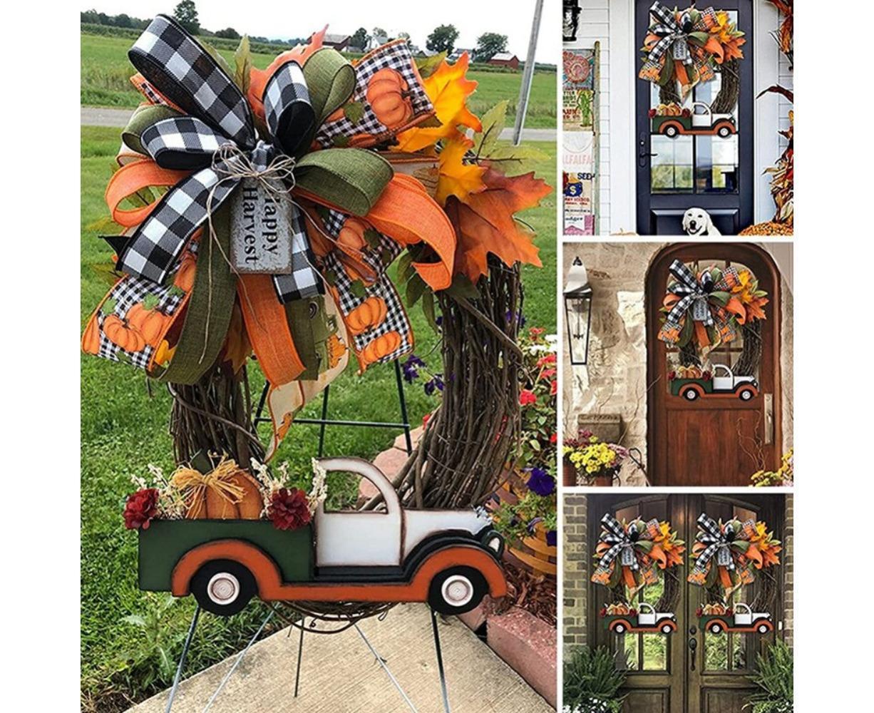 Red Truck Christmas Wreath Fall Eucalyptus Christmas Door Wreath Truck Autumn Wreath Decorations Window Front Door Decoration Wall Hanging Sign - Image 4