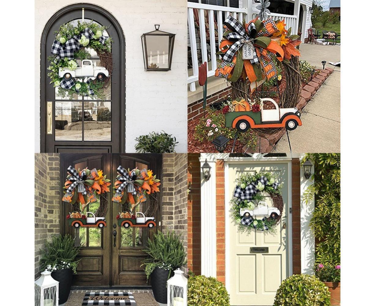Red Truck Christmas Wreath Fall Eucalyptus Christmas Door Wreath Truck Autumn Wreath Decorations Window Front Door Decoration Wall Hanging Sign - Image 5
