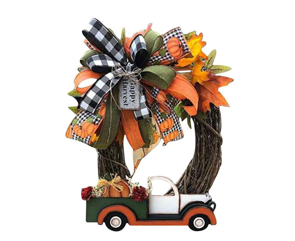 Red Truck Christmas Wreath Fall Eucalyptus Christmas Door Wreath Truck Autumn Wreath Decorations Window Front Door Decoration Wall Hanging Sign - Image 6