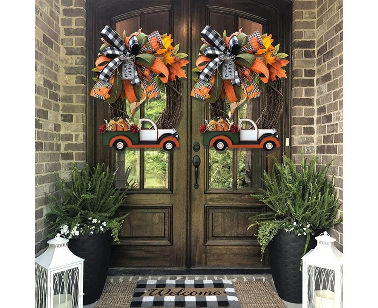 Red Truck Christmas Wreath Fall Eucalyptus Christmas Door Wreath Truck Autumn Wreath Decorations Window Front Door Decoration Wall Hanging Sign - Image 7