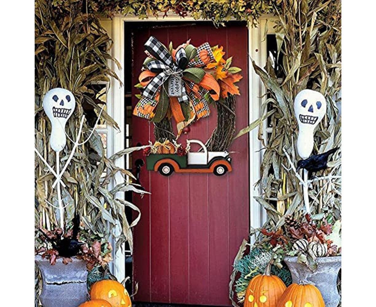 Red Truck Christmas Wreath Fall Eucalyptus Christmas Door Wreath Truck Autumn Wreath Decorations Window Front Door Decoration Wall Hanging Sign - Image 8