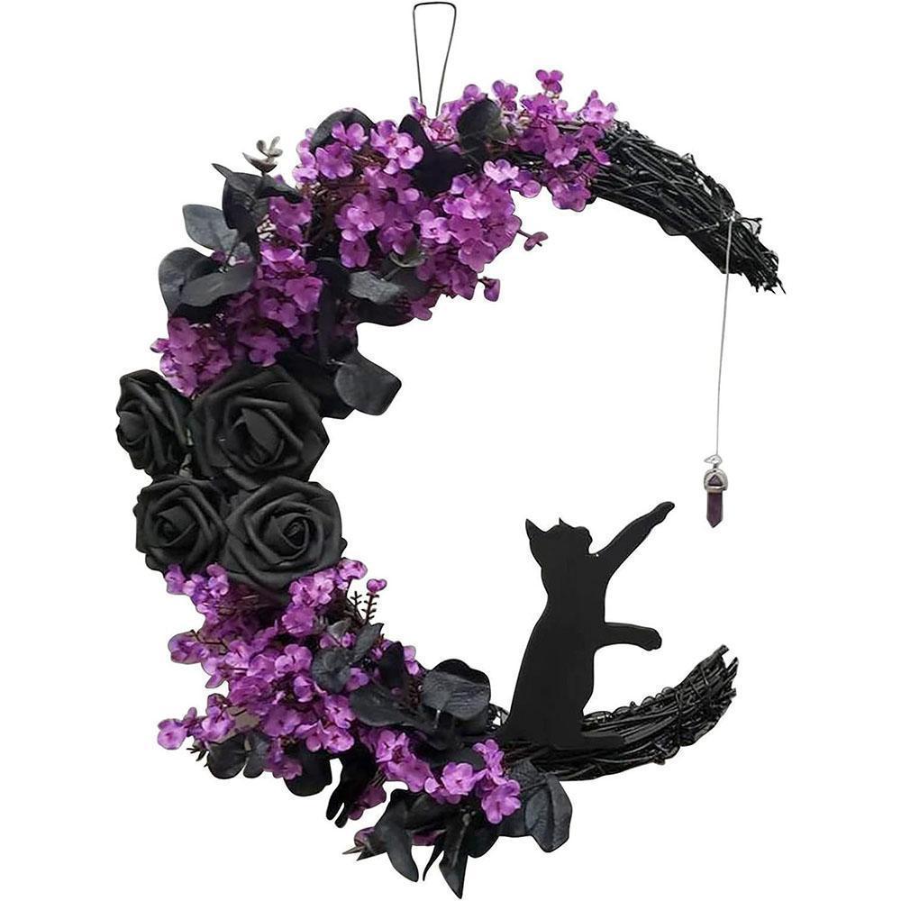 2pcs Halloween Moon Cat Garland with Rose, Black Cat Moon Wreath, Halloween Outdoor Decorations Variant Colour Value Multi - Image 1